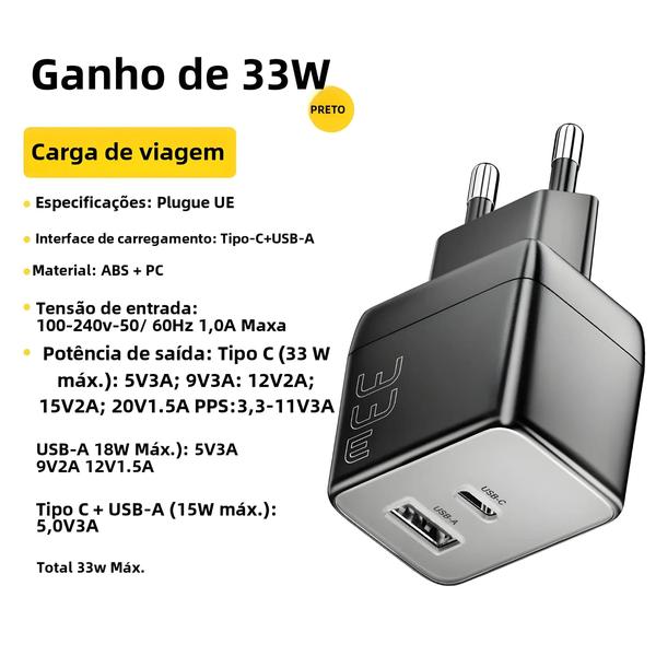 Imagem de Carregador Rápido USB 33W GaN com PD e QC 3.0 - Para iPhone 14/13 e Samsung S21