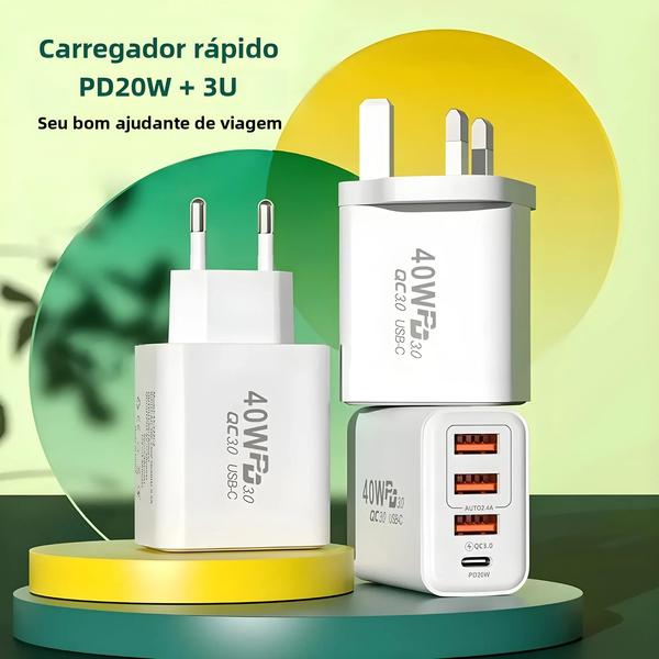 Imagem de Carregador Rápido USB 4 Portas 40W com Quick Charge 3.0 - Plug UE