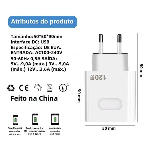 Imagem de Carregador Rápido USB-C QC3.0 com Cabo - Compatível com iPhone, Huawei, Samsung, Xiaomi