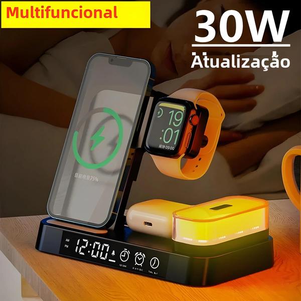 Imagem de Carregador Sem Fio 3 em 1 com Carregamento Rápido de 30W - para iPhone, Samsung e Galaxy Watch