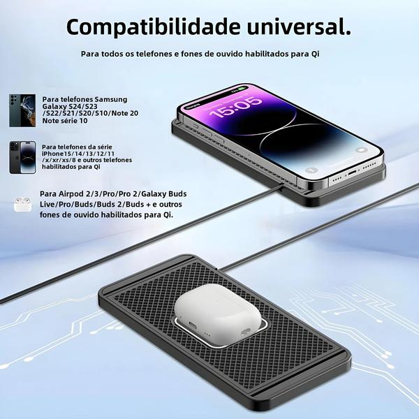 Imagem de Carregador Sem Fio para Carro - Compatível com iPhone, Samsung e Xiaomi - Base Antiderrapante de Silicone