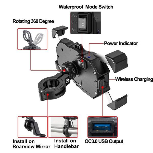 Imagem de Carregador sem fio Suporte de telefone iEstou Motorcycle 15W Qi/USB