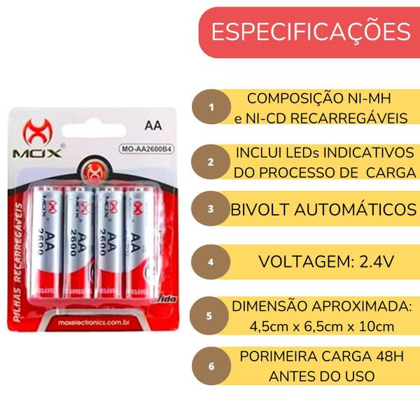 Imagem de Carregador Super Rápido + 4 Pilhas Recarregável AA 2600mah