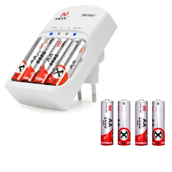 Imagem de Carregador Super Rápido + 4 Pilhas Recarregável Aa 2600Mah