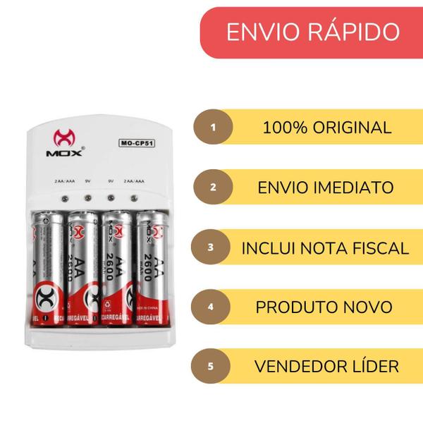 Imagem de Carregador Super Rápido + 4 Pilhas Recarregável Aa 2600Mah