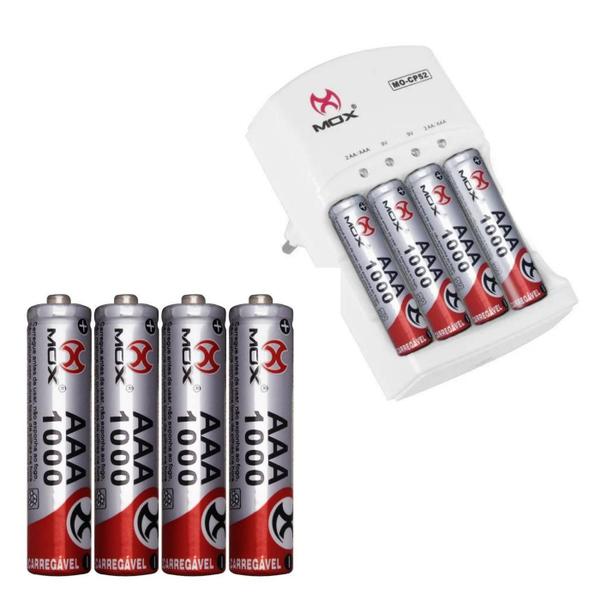 Imagem de Carregador Super Rápido + 4 Pilhas Recarregável Aaa 1000Mah