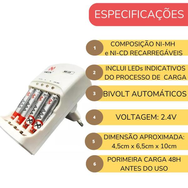 Imagem de Carregador Super Rápido + 4 Pilhas Recarregável Aaa 1000Mah