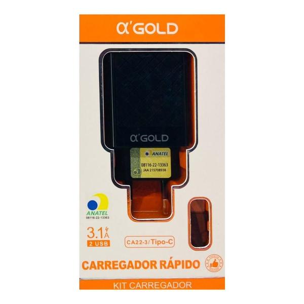 Imagem de Carregador Tipo C A'Gold Fonte Com Dois USB E Cabo 3.1A