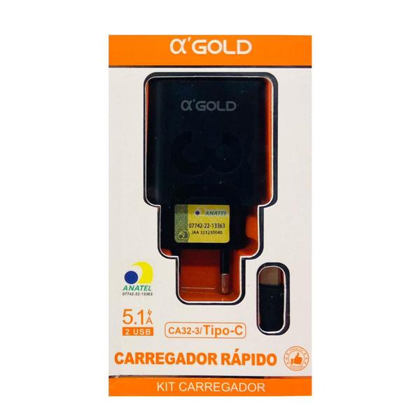 Imagem de Carregador Tipo C Fonte Com Dois USB + Cabo 5.1A A'Gold CA32-3