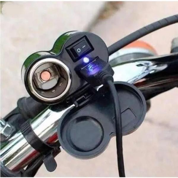 Imagem de Carregador Tomada Usb Moto Bike Celular Isqueiro Gps Guidão