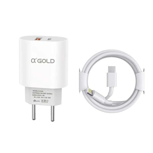 Carregador Turbo iPhone Fonte 40w Duplo Usb-c + Cabo Lightning Compatível 11 12 13 Pro Max X XR XS - agold