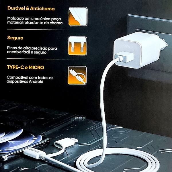 Imagem de Carregador Turbo para Celulares 30W com Conector C e Micro USB Android Universal