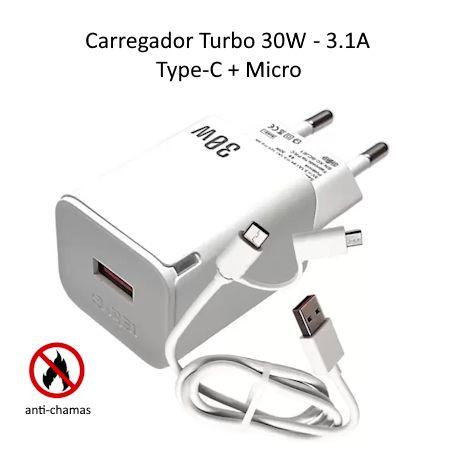 Imagem de Carregador Turbo para Celulares 30W com Conector C e Micro USB Android Universal