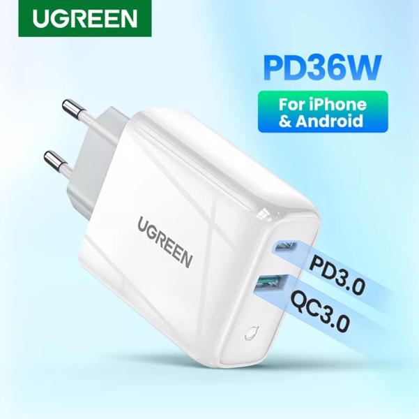 Imagem de Carregador Turbo  UGREEN 36W Dual USB C + USB PD 3.0 e QC 3.0 compatível c/ versões 30W 25W 20W