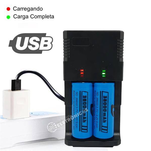 Imagem de Carregador Universal USB Duplo Ajustável P Baterias 26650 18650 14500 16340 4,2v Indica Carga LPJA03