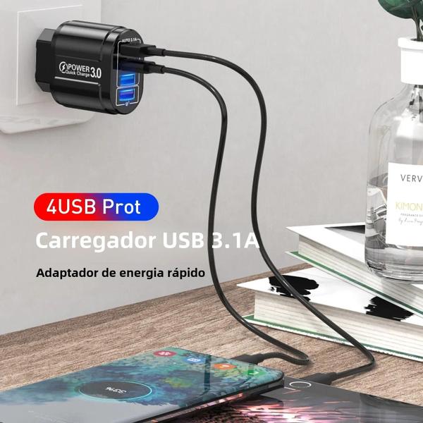 Imagem de Carregador USB 4 Portas 48W com Quick Charge 3.0 - Para iPhone e Xiaomi