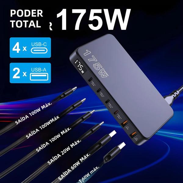 Imagem de Carregador USB-C 175W Ueetop - Carregamento Rápido com 6 Portas para Macbook, Samsung e iPhone