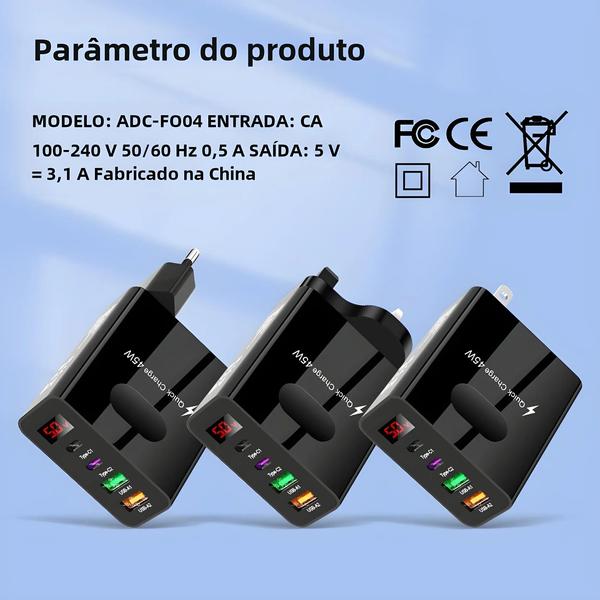 Imagem de Carregador USB-C 45W com Display Digital - Carga Rápida 3.0 e PD para iPhone e Samsung