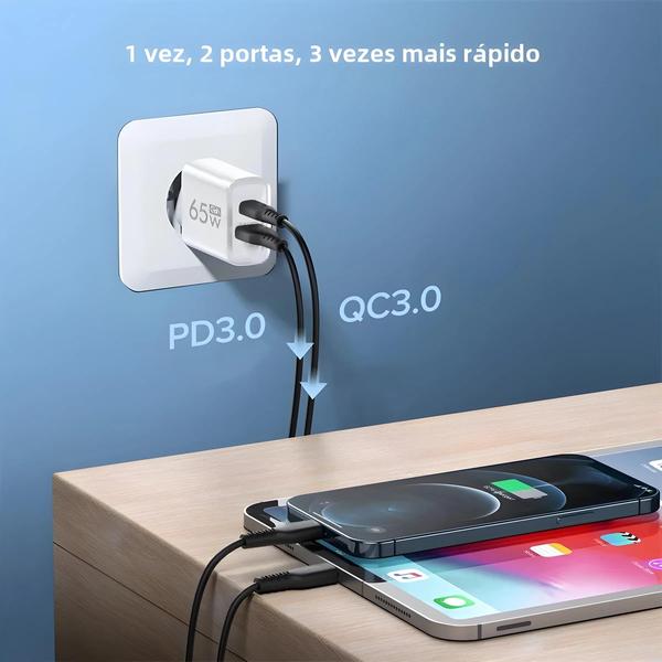 Imagem de Carregador USB-C 65W PD 3.0 GaN - Carregamento Rápido para iPhone 15 Pro Max