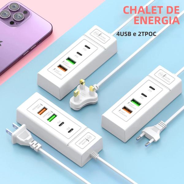 Imagem de Carregador USB-C com 4 Portas e Mini Hub 3.0 - Adaptador de Parede com Carregamento Rápido para iPhone