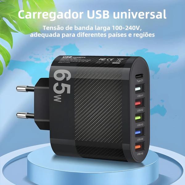 Imagem de Carregador USB de Parede 5 Portas com PD, QC 3.0 e 3.1A - Compatível com iPhone 13, Xiaomi e Samsung