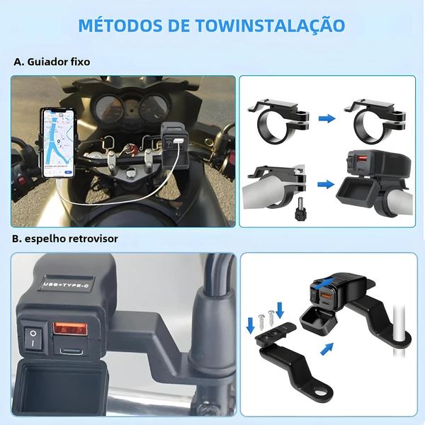 Imagem de Carregador USB Duplo 60W para Motocicleta - À Prova D'Água com Voltímetro e Adaptador para Guidão