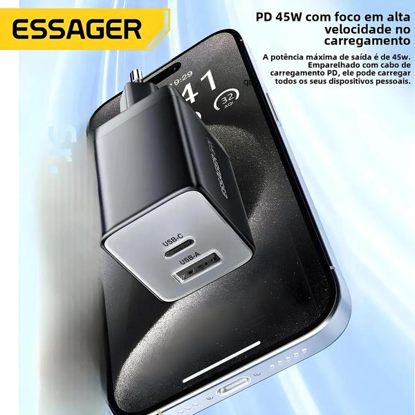 Imagem de Carregador USB GAN 45W Rápido - PD, QC 3.0 e USB-C - Para iPhone 14/13 e Samsung S21