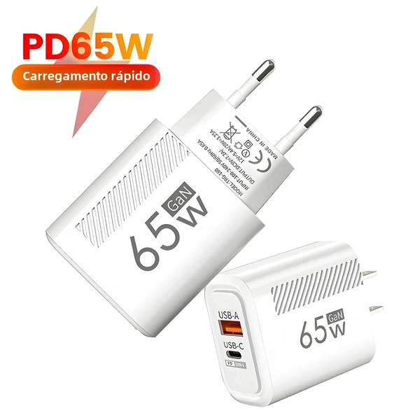 Imagem de Carregador USB GaN 65W - Carregamento Rápido com Plugs UE/EUA, QC 3.0, Tipo C e PD