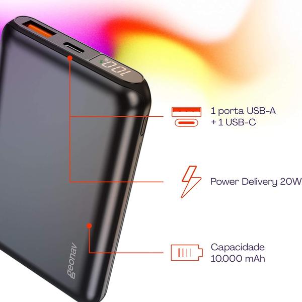 Imagem de Carregador USB Portátil Universal 10.000mAh 20W Cinza Espacial Geonav - PB10K20WSG