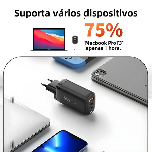 Imagem de Carregador USB Tipo C 65W - Carga Rápida para Samsung, Xiaomi, Realme, iPhone e Laptops