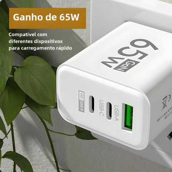 Imagem de Carregador USB Tipo C de 65W com Carga Rápida - Compatível com iPhone 15, Xiaomi, Huawei, Samsung e Mais