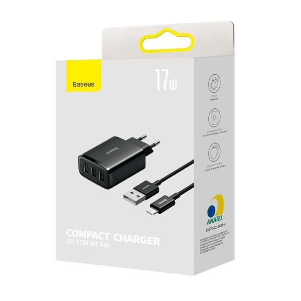 Imagem de Carregador Usb Triplo 17w Baseus Rápido Para i P hone + Cabo 1m Lacrado