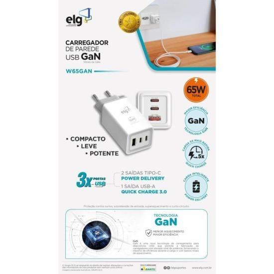 Imagem de Carregador USB W65GAN 3 Saídas 3A ELG