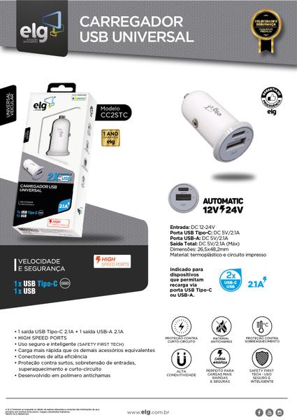 Imagem de Carregador Veicular 2 Saídas 2.1A USB Tipo-C + USB-A - ELG