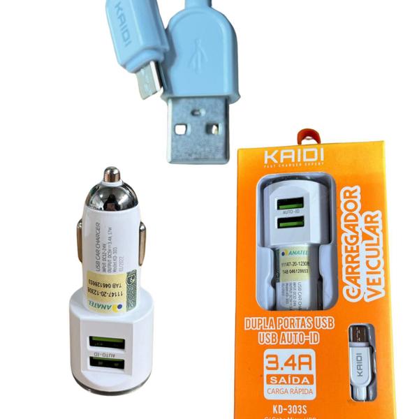 Imagem de Carregador Veicular Carro Micro Usb V8 17W Kaidi Kd-303S Cor