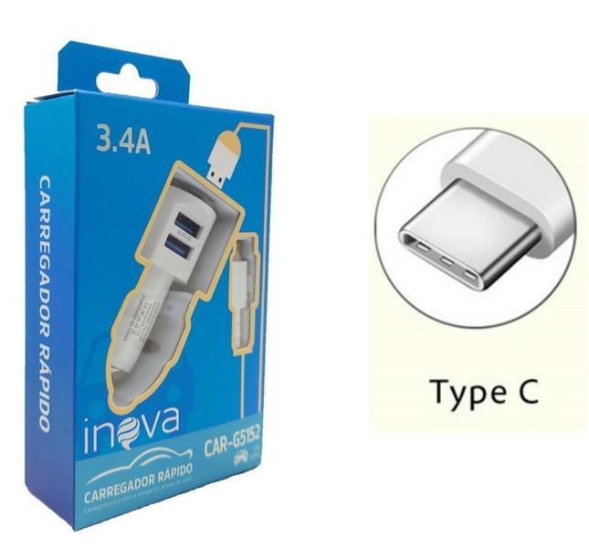 Imagem de Carregador Veicular Super Rápido 2 Saídas Usb 3.4A Tipo C - Inova