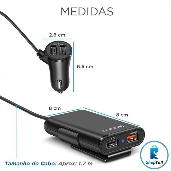 Imagem de Carregador Veicular Turbo 36W 4 Saídas Usb Cabo 1.8 Mestos