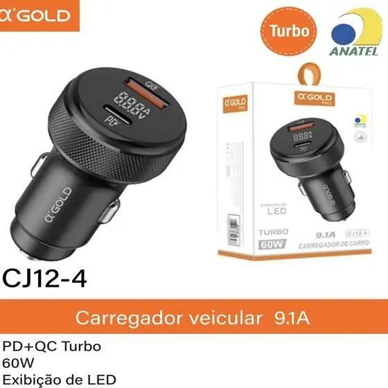 Imagem de Carregador Veicular Turbo 60w USB 3.0 + Tipo C com LED PD  Agold