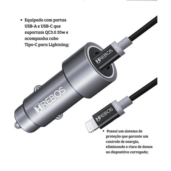 Imagem de Carregador Veicular Turbo USB + USB-C Compatível Com i P hone 14 13 12 11 - HREBOS