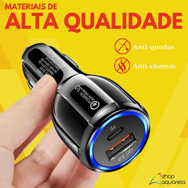 Imagem de Carregador Veicular USB/Tipo-C Quick Charge 3.0 + Cabo Carregamento Rápido para Carro