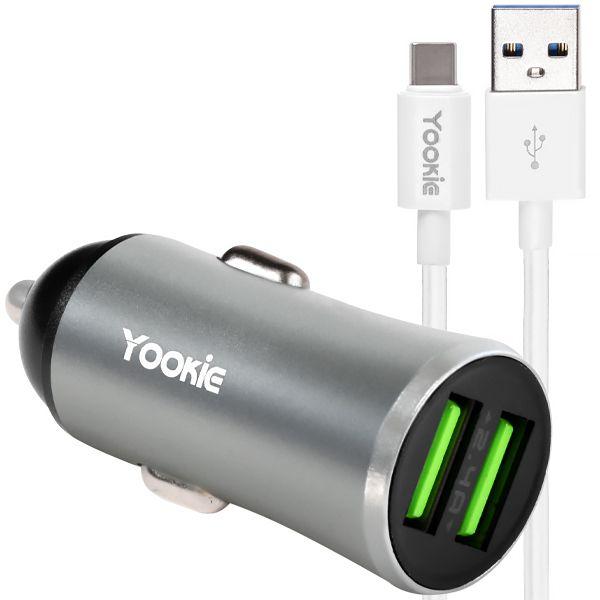 Imagem de Carregador Veicular Yookie PC1 2 USB + Cabo USB-C - Prata/Preto