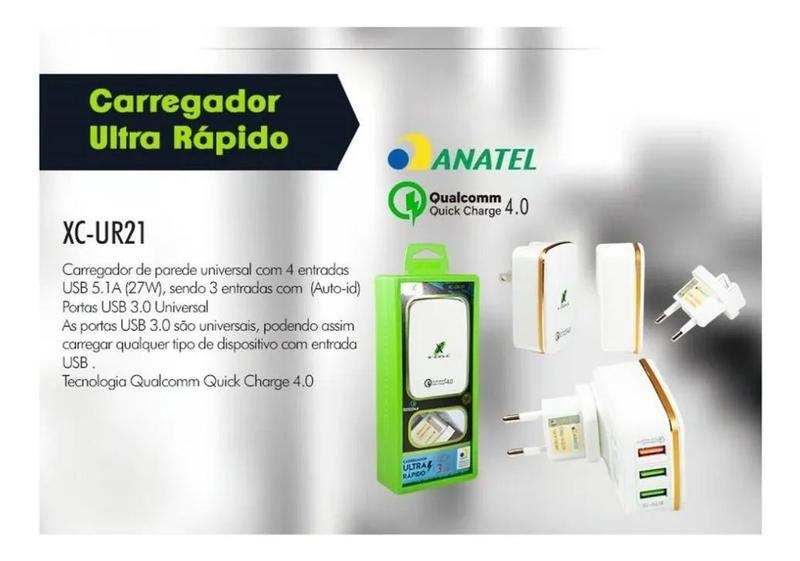 Imagem de CARREGADOR VIAGEM PINO UNIVERSAL QUICK CHARGE 5.1A (27W) C/ 3 USB xcell