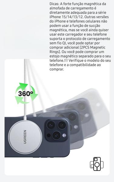 Imagem de Carregador Wireless Sem Fio 15W Padrão Qi Cabo Usb C 1,5M