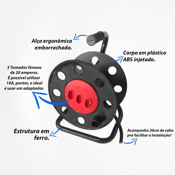 Imagem de Carretel Com 3 Tomadas para Extensão Eletrica Até 40m Tripolar 3x2.5mm