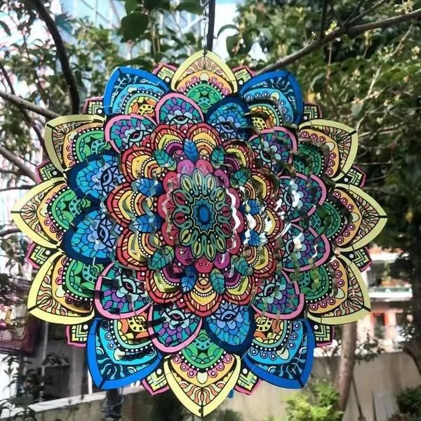 Imagem de Carrilhão de Vento Mandala 3D Giratório - 12 Polegadas - Metal Colorido Dobrável