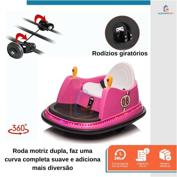 Imagem de Carrinho Bate Bate Elétrico Infantil Som Luz Led 12V Gira 360 Criança Joystick Controle Faixa de luz Bate Volta Automático Dia das Crianças