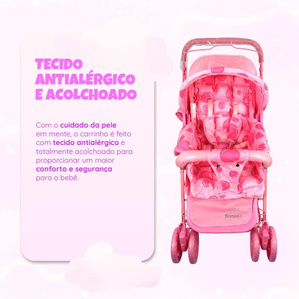 Imagem de Carrinho Bebê Passeio Menina Menino Reclinável Vira Berço Alça Reversível com Mosquiteiro Bamboo + Bolsa