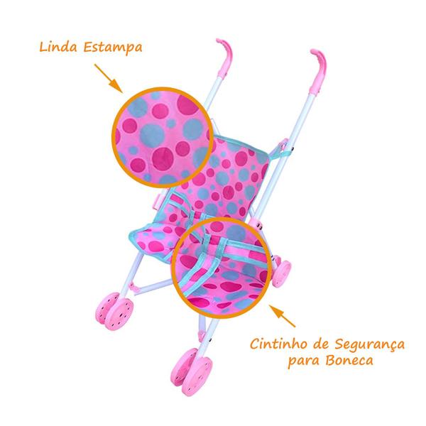 Imagem de Carrinho Boneca Infantil Dobrável 53cm Passeio Rosa Menina