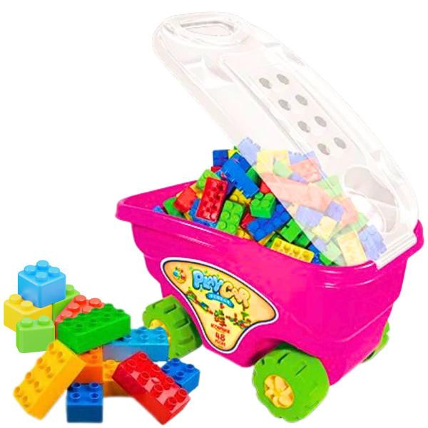 Imagem de Carrinho Com Blocos De Montar 48 Peças Infantil De Brinquedo Coloridos Playcar Bloco GGB Brinquedos