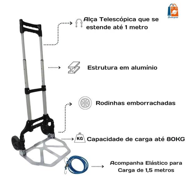 Imagem de Carrinho de Alumínio Dobrável 80Kg Portátil com Alça Telescópica e Rodas Emborrachadas para Cargas